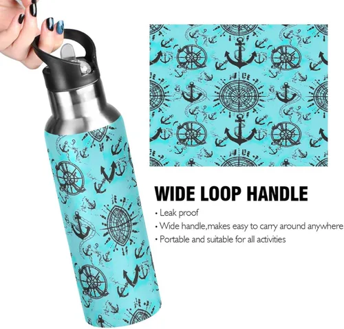 Miniatura 4 de Nautical Anchors Teal Black Stainless Steel Water Bottle 20 Oz Leakproof Water Bottles, BPA-Free Sport Water Bottle Insulated
