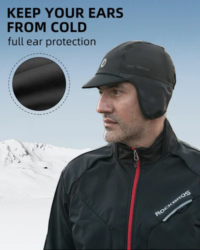 Miniatura 8 de ROCKBROS Gorras de ciclismo de invierno para hombres y mujeres, sombrero de ciclismo a prueba de viento con visera solar debajo del casco forro negro