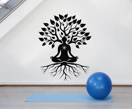 Vinilo adhesivo de pared de meditación, diseño de loto, raíces de árbol zen, hojas, calcomanías mural grande decoración (g7497) negro