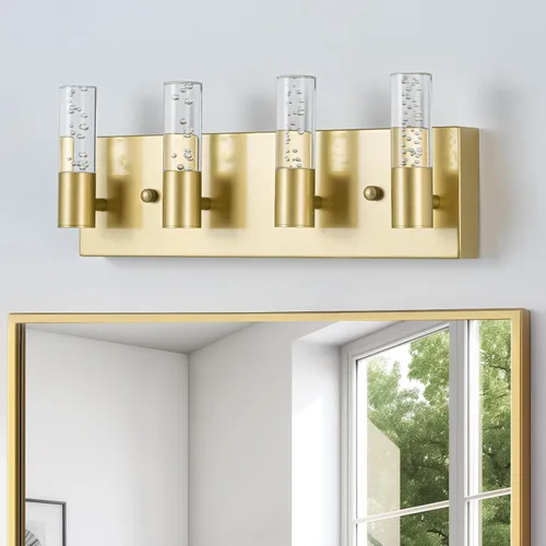 Miniatura 3 de Lámparas de tocador de baño sobre espejo con acabado dorado cepillado, 4 luces de tocador, apliques de pared para baño
