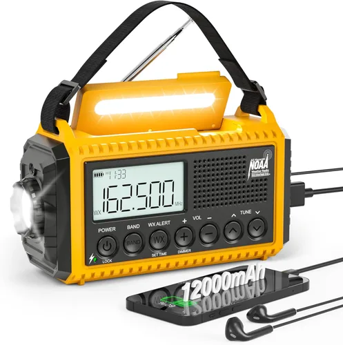 Miniatura 11 de Radio meteorológica de emergencia, manivela solar, funciona con pilas, radio de onda corta AM FM portátil con alerta NOAA, linterna, lámpara de Rojo