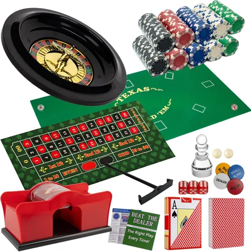 Juego completo de casino 5 en 1: 200 fichas de póquer profesional+barajador de cartas silencioso, blackjack+ruleta rueda+dados, Texas Holdem+Kit de