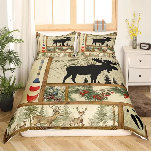 Miniatura 38 de Funda de edredón rústica tamaño Queen, juego de ropa de cama retro para cabaña de cabaña, oso de caza, ciervo, hojas de arce, funda de edredón
