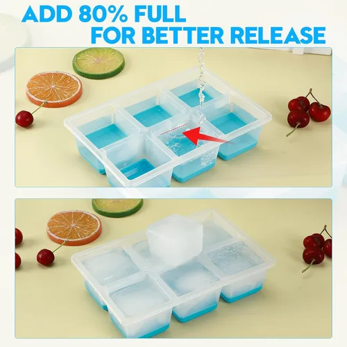Miniatura 6 de Bandejas para cubitos de hielo, 2 unidades, moldes grandes de silicona para cubitos de hielo con tapa a prueba de fugas, marco de TPE transparente