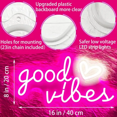 Miniatura 4 de HOHOSIGN Letrero de Neón Good Vibes para Decoración de Pared Letrero de Luces de Neón, 16"x8" Corazón y Good Vibes Letreros LED para Pared