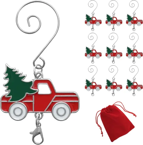 Ganchos para colgar adornos de Navidad para camión, garras de langosta adjuntas, juego de 10 ganchos, camión rojo con árbol verde y ruedas blancas,