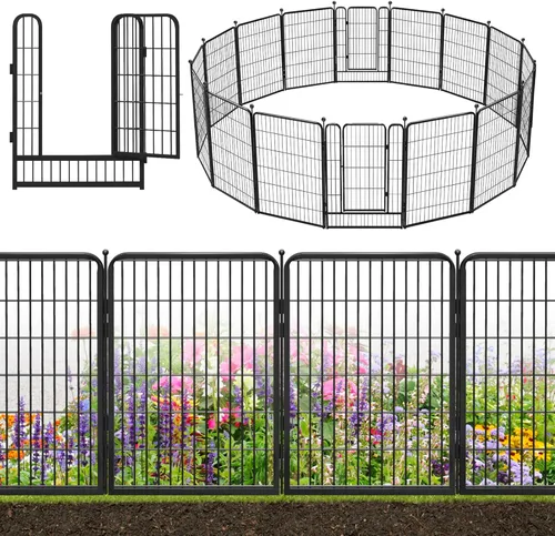 Miniatura 20 de Valla decorativa de metal negro para jardín con puerta, 82 pies de largo, 32 pulgadas de alto, 36 paneles de valla sin excavación, valla de barrera