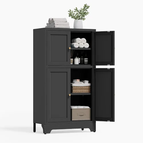 Miniatura 9 de Gabinete de Almacenamiento de Metal para Baño, Gabinete Aparador Negro con Puertas de Vidrio y Estantes Ajustables, Pequeños Gabinetes de Metal