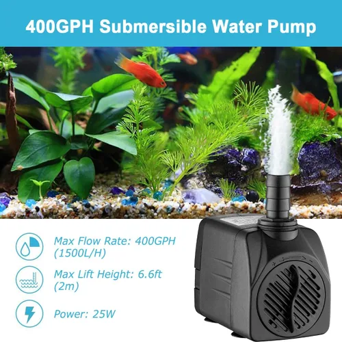 Miniatura 2 de Bomba de agua sumergible silenciosa 400GPH para estanques de fuentes de acuarios con tres boquillas