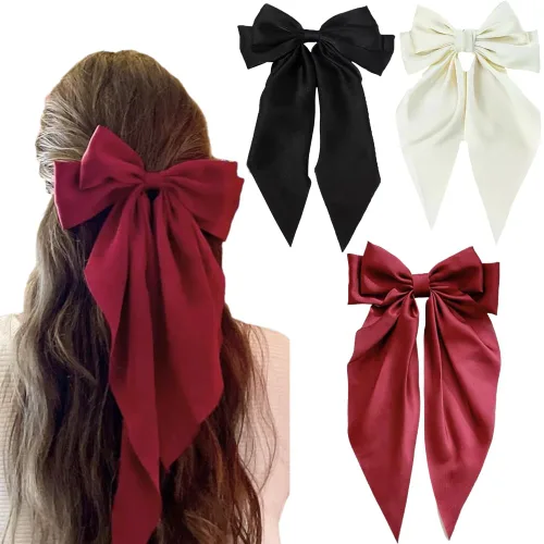 Lazos para el cabello para mujeres - 3 piezas de grandes pinzas de cinta con borlas de cola larga, grandes pasadores de pelo para niñas (negro, beige