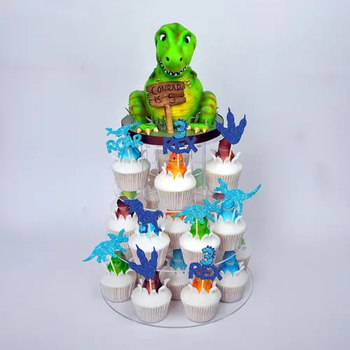 Miniatura 7 de Gyufise 24 piezas de adornos de dinosaurios con purpurina azul 3 Rex Roar Dinosaur Cupcake Picks Three Years Old Dino Theme Baby Shower 3er Birthday