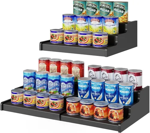 Miniatura 12 de Organizador de latas de bambú expandible para despensa, soporte de almacenamiento de latas ajustable de 3 niveles, organizador de soda con capacidad