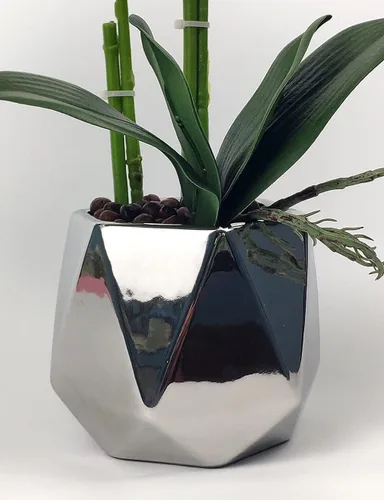Miniatura 3 de W&W Arreglo de plantas y flores de orquídeas artificiales en maceta de cerámica, orquídea blanca falsa con jarrón plateado, orquídeas falaenopsis