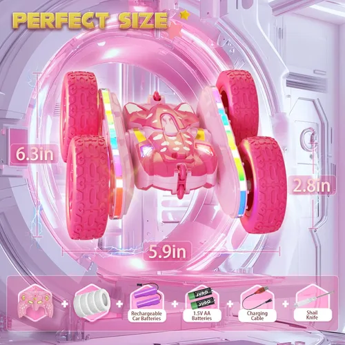 Miniatura 6 de Terucle - Automóvil de control remoto para niñas, autos RC rosas, vehículo de acrobacias RC para niñas, juguetes de doble cara de 360° giratorio