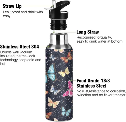 Miniatura 3 de Stainless Steel Water Bottle 20 Oz, Leakproof Water Bottles for Gym Outdoor Travel School, Colorful Butterflies Black