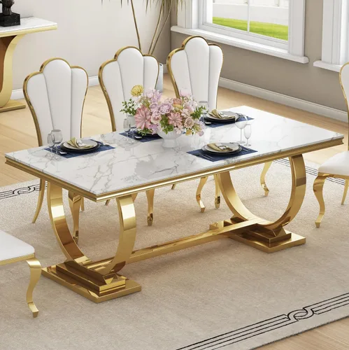 Miniatura 8 de Mesa de comedor de mármol negro para 4, 6, 70 pulgadas, moderna mesa de comedor de cocina dorada con base de acero inoxidable con diseño
