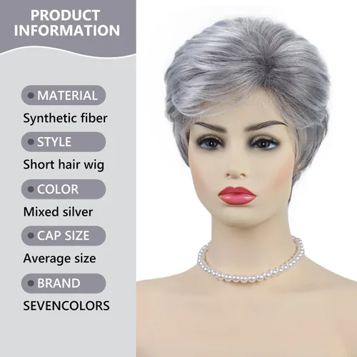 Miniatura 4 de Pelucas cortas gris plateadas para mujeres blancas, pelucas sintéticas con corte pixie natural y a capas con flequillo, peluca corta de pelo gris