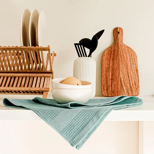 Miniatura 5 de Luzia Toallas de cocina turquesa de alta calidad; elegantes y absorbentes, toallas de cocina de algodón turco con tejido de gofre, juego de tres