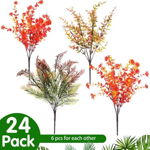 Miniatura 4 de Geosar 24 paquetes de flores artificiales de otoño para exteriores, resistentes a los rayos UV, flores amarillas y naranjas, flores falsas