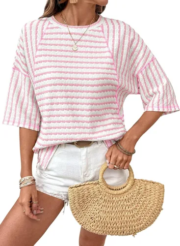 Miniatura 12 de Dokotoo Camisetas de verano para mujer, camisetas de gran tamaño para mujer, a rayas, bloques de color, manga corta, cuello redondo, blusas casuales