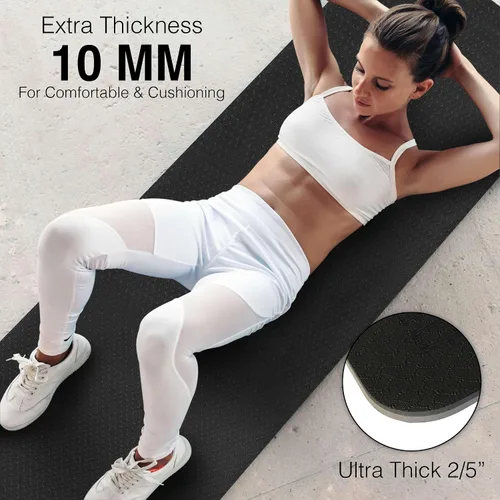 Miniatura 5 de Tapete de yoga para ejercicios extra grueso con correa - 2/5 pulgadas (10 mm), tapete antideslizante para entrenamiento de yoga, pilates y Negro