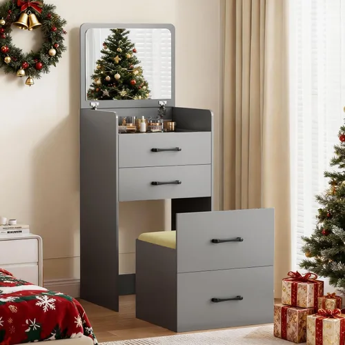 Miniatura 21 de Escritorio de tocador 3 en 1 con espejo abatible y luces, mesa de tocador de maquillaje con parte superior de vidrio con estación de carga, tocador