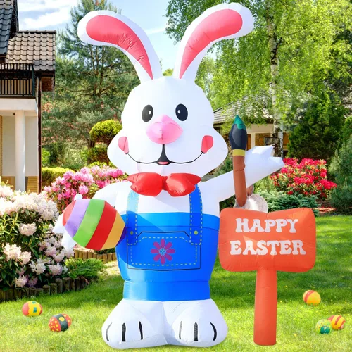 Miniatura 2 de Enorme Decoración Inflable de Pascua de 12 Pies de Alto Conejito de Pie Sosteniendo Huevo y Pincel, Luces LED Incorporadas Decoración Inflable