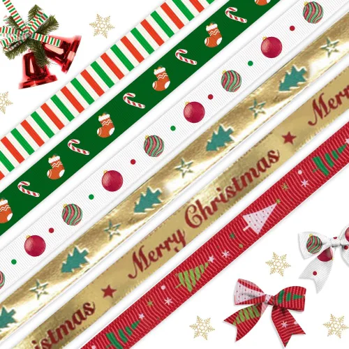 Miniatura 6 de 6 piezas de cintas de grogrén navideñas de 3/8 pulgadas con palabras 'Feliz Navidad', cintas decorativas de 5 yardas, cintas para manualidades