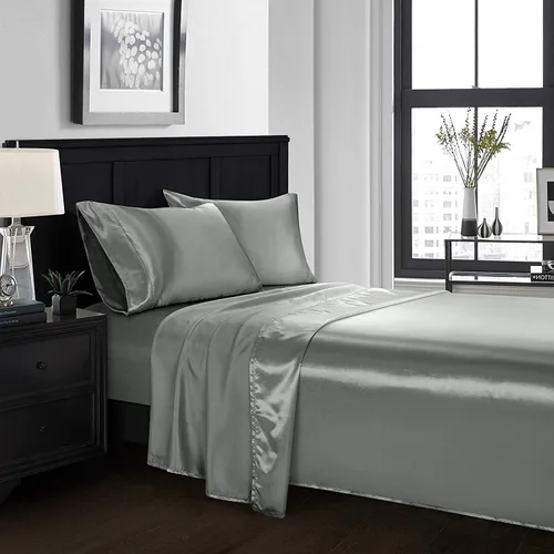 Miniatura 10 de 4 piezas de sábanas de satén 100% seda pura, lujosa colección de ropa de cama ultrasuave y suave, 19 pulgadas de profundidad, 1 sábana bajera, 1