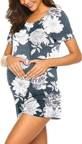 Miniatura 4 de Ekouaer - Conjunto de pijama de maternidad para el hospital o el hogar, con camiseta para lactancia y pantalón corto ajustable para el embarazo