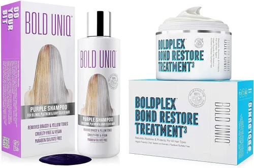 Bold Uniq Purple Shampoo & Boldplex 3 Bond Repair - Paquete de tratamiento capilar revitaliza el cabello decolorado y dañado. Elimina los tonos