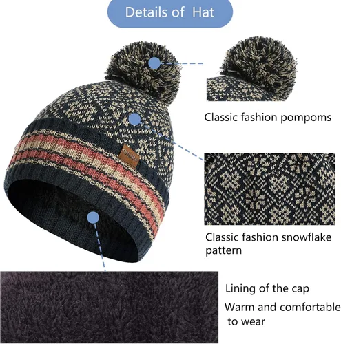 Miniatura 6 de 3 piezas de gorro de invierno bufanda y guantes para pantalla táctil para mujer, gorro de punto, gorro de cuello cálido, bufanda con forro polar