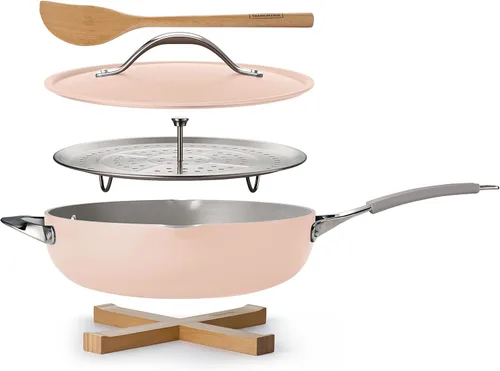 Tramontina Juego de sartenes todo en uno Plus, sartén antiadherente de cerámica de 5 cuartos con tapa, inserto de vapor, utensilios de bambú y Rosa