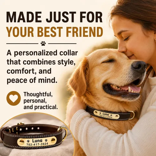 Miniatura 6 de Collar de cuero para perro personalizado con placa de nombre grabable - Collar con etiqueta de identificación duradera - Collar para perro