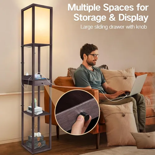 Miniatura 4 de OUTON - Lámpara de pie con estantes de lujo, incluye 1 cajón, 2 puertos USB-C, 2 tomas de corriente, lámpara LED moderna de pie con 3 temperaturas