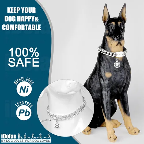 Miniatura 2 de Collar de cadena para perro de 0.59 pulgadas con eslabones cubanos plateados con hebilla a presión, collar de cadena de metal de acero inoxidable