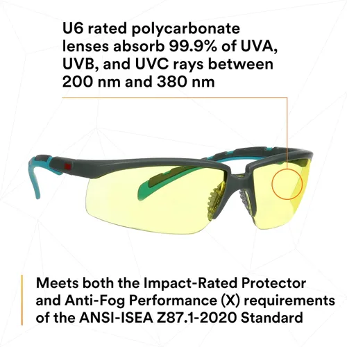 Miniatura 6 de 3M Gafas de seguridad, serie Solus 2000, revestimiento antivaho Scotchgard, antiarañazos, lente ámbar, patillas gris/azul-verde