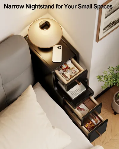 Miniatura 3 de Mesita de noche estrecha con 3 cajones, mesita de noche estrecha de madera maciza, color negro, moderna mesita de noche delgada para dormitorio