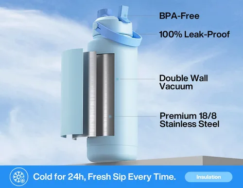 Miniatura 2 de POWCAN Botella de agua aislada de 40 onzas con popote 2 en 1 y tapa de boquilla, mantiene el frío 24 horas, a prueba de fugas, sin BPA, botella