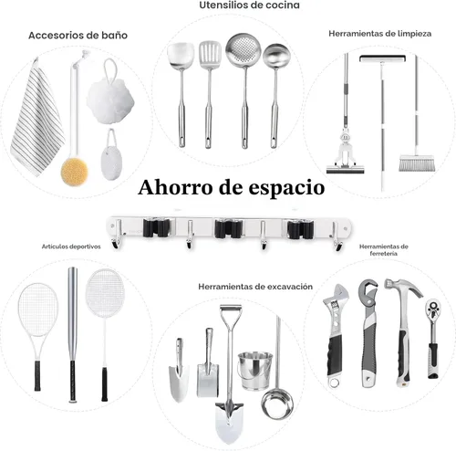 Miniatura 4 de 3 estantes y 4 ganchos Soporte para escoba y fregona con montaje en pared Organizador de garaje Estantes de almacenamiento para herramientas de 3