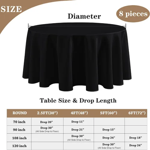 Miniatura 4 de Fitable Paquete de 6 manteles redondos negros de 70 pulgadas, resistentes a las arrugas y a las manchas, manteles de poliéster lavables para bodas