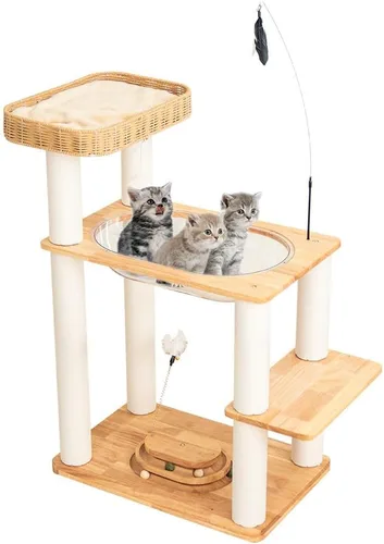 Miniatura 9 de Árbol de madera para gatos grandes, torre moderna para gatos con estantes anchos, postes rascadores de algodón, base súper resistente, perchas