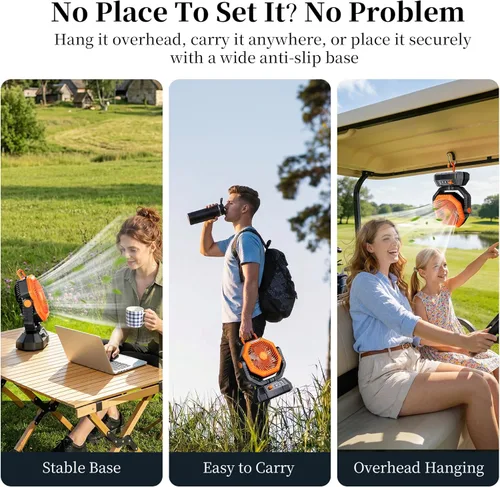 Miniatura 8 de AJVV Ventilador de camping con luz, control remoto y oscilación, ventilador colgante de tienda de campaña a batería, recargable portátil para Naranja