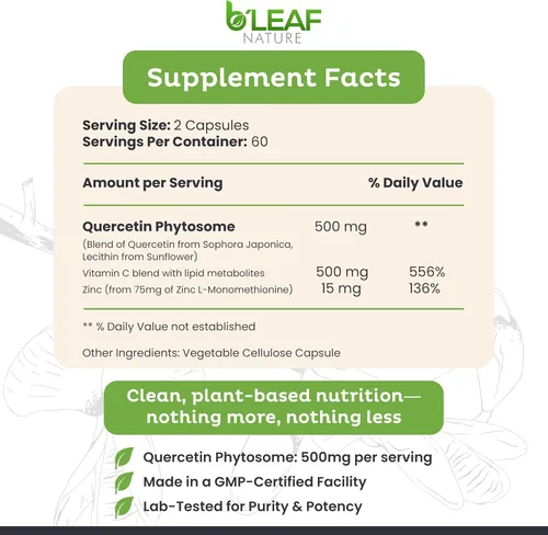 Miniatura 2 de B'LEAF NATURE Fitosoma de quercetina, 120 cápsulas – 1000 mg de quercetina de alta absorción con vitamina C y zinc – Suplemento de quercetina