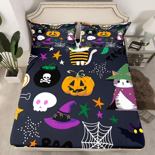 Miniatura 36 de Juego de ropa de cama de Halloween con patrón de sombras kawaii, sábana bajera tamaño queen, decoraciones de calabaza, luces de calabaza góticas