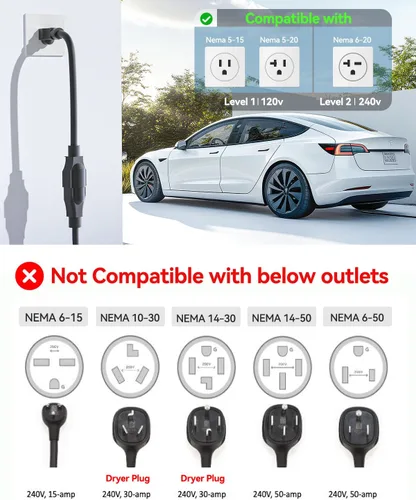 Miniatura 6 de Cargador portátil de nivel 1/2 EV para Tesla, cargador de coche NACS de 16 amperios con 110 V-240 V, cable de extensión de 25 pies, enchufe NEMA