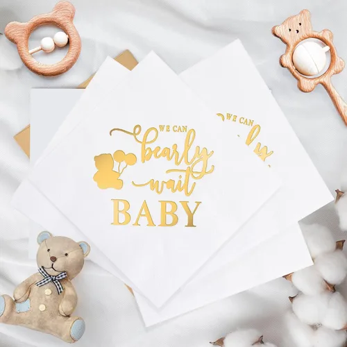 Miniatura 8 de Crtiin 100 servilletas de baby shower con texto en inglés «We Can Bearly Wait», decoraciones de baby shower para niños, servilletas de regalo