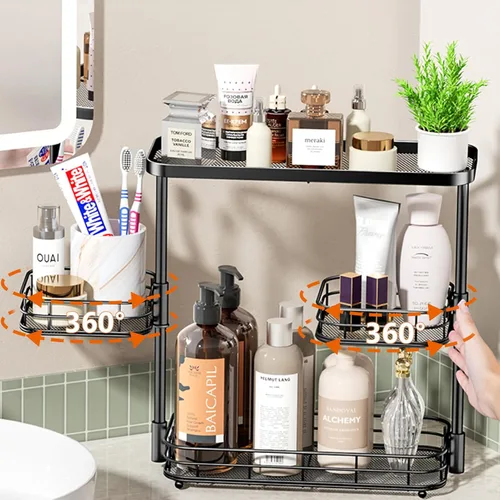 Miniatura 12 de VITVITI - Organizador de encimera de baño de 2 niveles, organizador de mostrador de baño de malla de alambre de metal con ganchos para cesta
