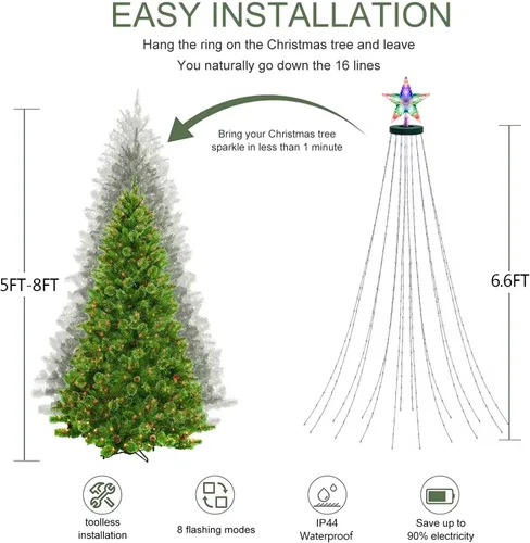 Miniatura 2 de 410 luces LED para árbol de Navidad con estrella superior, tira de luces de Navidad con anillo para árbol, 6.6 pies x 16 líneas, luces parpadeantes