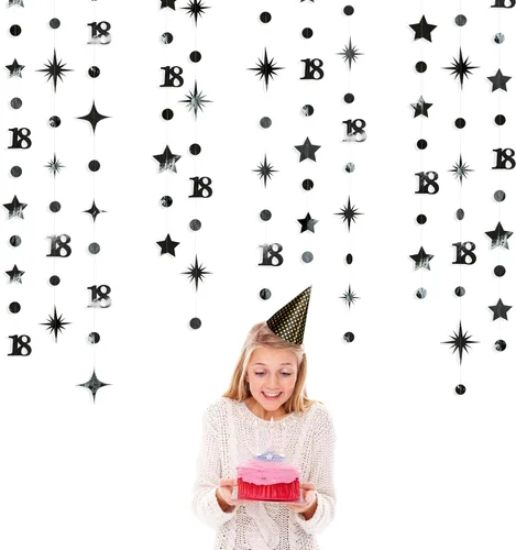 Miniatura 3 de Decoración de cumpleaños número 18 en negro, número 18 con punto circular, guirnalda de estrellas centelleantes, banderines de serpentina metálica